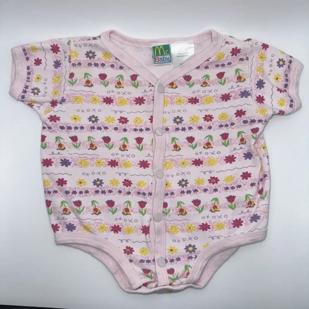 Vintage McBaby Girls Pink Bodysuit Snap Front Flowers & Tulips XOXO 3-6 Months